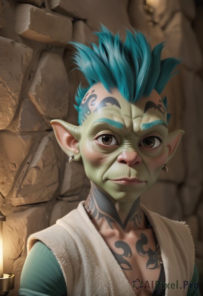 solo,looking at viewer,1boy,brown eyes,jewelry,closed mouth,blue hair,collarbone,upper body,male focus,earrings,pointy ears,lips,tattoo,colored skin,spiked hair,realistic,candle,green skin,mohawk,goblin,artist name,aqua hair,bald,facial tattoo