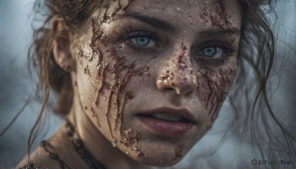 1girl,solo,long hair,looking at viewer,open mouth,blue eyes,blonde hair,brown hair,jewelry,parted lips,teeth,necklace,blurry,lips,eyelashes,blood,blurry background,portrait,close-up,blood on face,realistic,dirty,black hair,artist name,grey eyes,depth of field,messy hair,freckles,injury,nose,dirty face,cracked skin