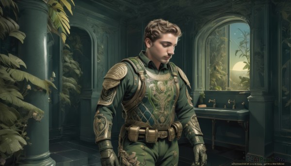 solo,short hair,brown hair,gloves,long sleeves,1boy,closed mouth,standing,closed eyes,male focus,cowboy shot,belt,artist name,indoors,armor,window,night,watermark,moon,table,plant,shoulder armor,gauntlets,pauldrons,pillar,arch,column,blonde hair,leaf,statue