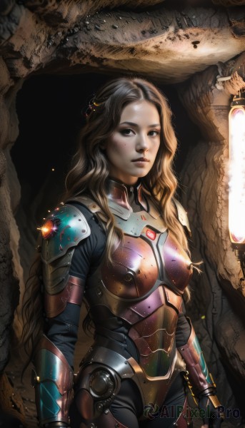 1girl,solo,long hair,breasts,looking at viewer,blonde hair,brown hair,black hair,gloves,brown eyes,weapon,cowboy shot,parted lips,armor,black eyes,lips,bodysuit,makeup,wavy hair,science fiction,breastplate,realistic,dirty,power armor,cave,fingerless gloves,lantern,nose