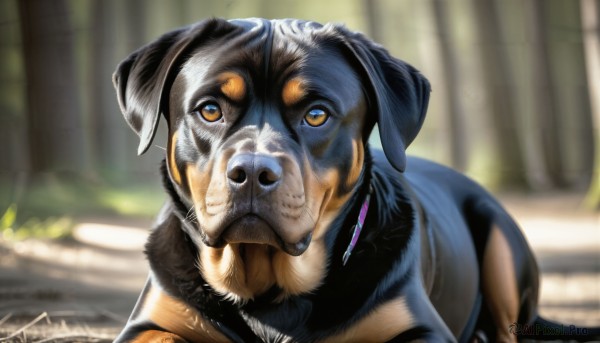 HQ,solo,looking at viewer,brown eyes,closed mouth,outdoors,day,signature,blurry,no humans,depth of field,blurry background,animal,nature,forest,dog,realistic,animal focus,jewelry,earrings,collar,sunlight,portrait