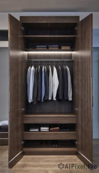 shirt,white shirt,indoors,book,no humans,chair,table,box,scenery,wooden floor,door,still life,clothes hanger