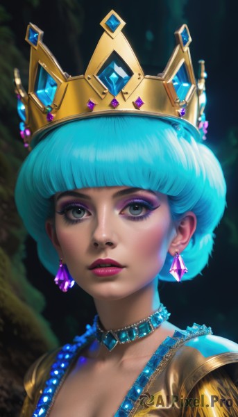 1girl,solo,breasts,looking at viewer,short hair,bangs,blue eyes,cleavage,jewelry,medium breasts,closed mouth,blue hair,upper body,earrings,small breasts,choker,blunt bangs,necklace,lips,grey eyes,eyelashes,aqua hair,makeup,watermark,crown,lipstick,gem,portrait,web address,eyeshadow,realistic,nose,eyeliner,mascara,dress,collarbone,parted lips,artist name,signature,purple lips,pearl necklace