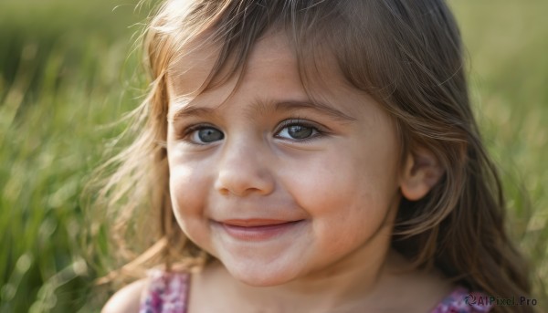 1girl,solo,long hair,looking at viewer,smile,open mouth,brown hair,brown eyes,outdoors,blurry,black eyes,lips,grey eyes,depth of field,blurry background,grass,portrait,realistic,bangs,closed mouth,day,sunlight,close-up