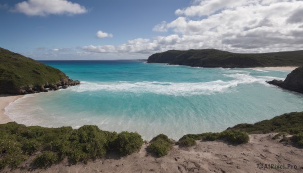 outdoors,sky,day,cloud,water,tree,blue sky,no humans,ocean,beach,cloudy sky,grass,nature,scenery,forest,rock,mountain,sand,horizon,waves,landscape,shore,island,bird