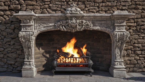 no humans,fire,scenery,stairs,wall,brick wall,pillar,throne,statue,torch,arch,column,stone floor,stone wall,solo,sitting,outdoors,skull,ruins,skeleton,bone,fireplace