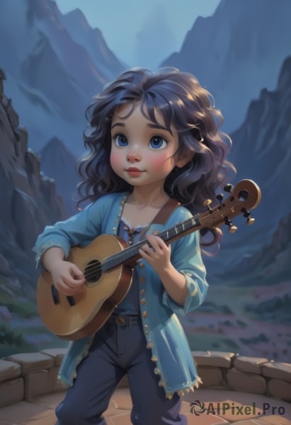 1girl,solo,long hair,blush,blue eyes,shirt,black hair,holding,jewelry,standing,outdoors,pants,necklace,lips,night,wavy hair,denim,instrument,child,freckles,jeans,music,guitar,female child,playing instrument,holding instrument,dress,mountain,acoustic guitar