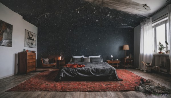 sky,indoors,pillow,book,no humans,window,bed,night,chair,table,plant,curtains,box,star (sky),night sky,scenery,couch,snow,starry sky,wooden floor,bookshelf,potted plant,light,lamp,candle,bedroom,painting (object),carpet,rug,cabinet,fireplace,blanket,constellation,drawer,candlestand