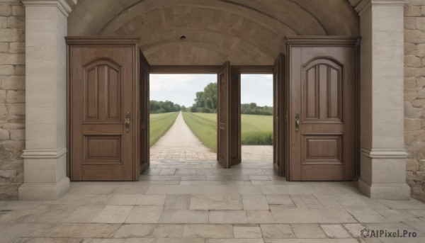 outdoors,sky,day,cloud,tree,blue sky,no humans,window,grass,scenery,door,road,bush,wall,pillar,path,1girl,solo,indoors,wooden floor,tile floor,open door,carpet