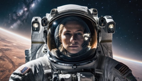 solo,looking at viewer,blue eyes,blonde hair,brown hair,1boy,upper body,male focus,sky,helmet,star (sky),reflection,science fiction,realistic,space,planet,earth (planet),american flag,spacecraft,spacesuit,astronaut,closed mouth,lips,expressionless,portrait,starry sky,serious,nose,flag,japanese flag,space helmet,united states,american flag print