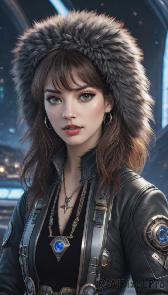 1girl,solo,long hair,breasts,looking at viewer,bangs,brown hair,cleavage,brown eyes,jewelry,jacket,upper body,earrings,parted lips,open clothes,hood,necklace,blurry,open jacket,lips,black jacket,fur trim,eyelashes,makeup,depth of field,blurry background,suspenders,lipstick,pendant,hoop earrings,realistic,nose,red lips,leather,leather jacket,shirt,teeth,artist name,signature,night,gem,hooded jacket,eyeshadow,hood up,freckles,eyeliner