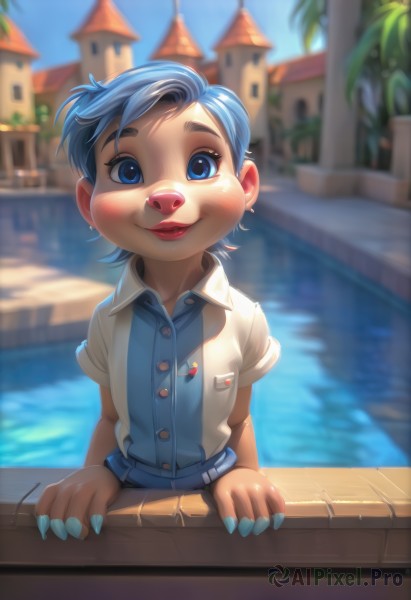 1girl,solo,looking at viewer,blush,smile,short hair,blue eyes,shirt,1boy,animal ears,jewelry,closed mouth,blue hair,white shirt,upper body,short sleeves,male focus,earrings,outdoors,sky,day,collared shirt,belt,artist name,water,blurry,tree,blue sky,fingernails,buttons,blurry background,aged down,blue shirt,lipstick,building,child,furry,personification,pocket,palm tree,furry female,female child,pool,furry male,male child,snout,open mouth,parted lips,teeth,nail polish,lips,makeup,watermark,sunlight,plant,claws,blue nails