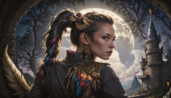 1girl,solo,long hair,looking at viewer,blue eyes,brown hair,black hair,hair ornament,jewelry,upper body,ponytail,purple hair,braid,multicolored hair,earrings,outdoors,parted lips,wings,sky,looking back,cloud,signature,dark skin,from behind,dark-skinned female,tree,lips,eyelashes,night,bird,moon,cloudy sky,feathers,building,portrait,star (sky),night sky,feathered wings,full moon,starry sky,nose,fantasy,feather hair ornament,bare tree,castle,tower,pink hair,two-tone hair,streaked hair,single braid,realistic