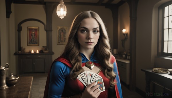 1girl,solo,long hair,breasts,looking at viewer,brown hair,holding,cleavage,brown eyes,medium breasts,upper body,indoors,cape,lips,window,chair,cleavage cutout,table,realistic,card,red cape,candle,playing card,holding card,black hair,black eyes,clothing cutout,lamp,fine art parody