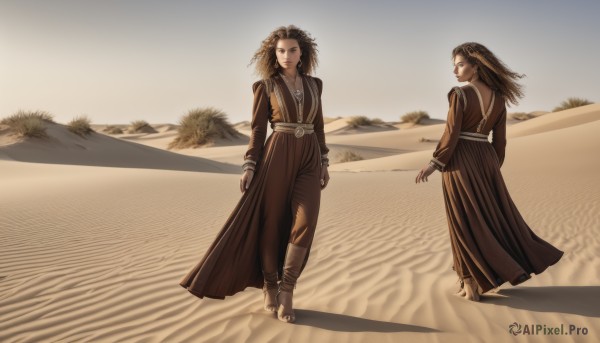 long hair,smile,multiple girls,skirt,brown hair,shirt,black hair,long sleeves,2girls,jewelry,closed mouth,standing,boots,outdoors,day,belt,pants,necklace,looking at another,coat,shadow,siblings,walking,long skirt,sand,arms at sides,animification,desert,1girl,looking at viewer,1boy,earrings,robe,sepia,brown theme