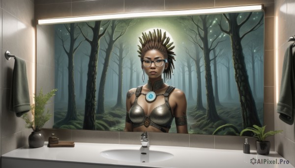 1girl,solo,breasts,looking at viewer,short hair,brown hair,cleavage,bare shoulders,brown eyes,jewelry,medium breasts,upper body,glasses,indoors,dark skin,armor,dark-skinned female,tree,lips,tattoo,plant,nature,armlet,forest,reflection,black-framed eyewear,mirror,tiles,bathroom,bikini armor,sink,dreadlocks,faucet,blue eyes,earrings,realistic,round eyewear