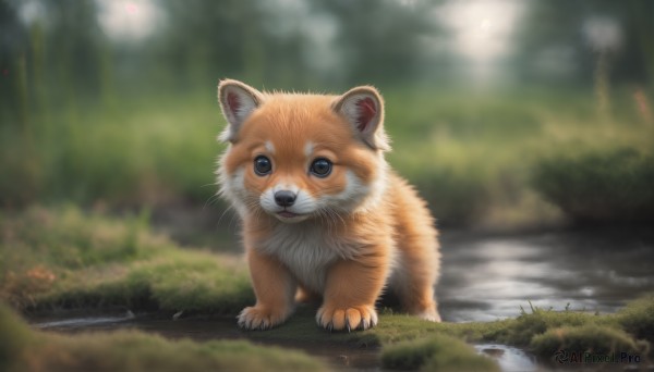 HQ,solo,looking at viewer,open mouth,blue eyes,full body,outdoors,day,signature,water,blurry,tree,no humans,depth of field,blurry background,animal,grass,nature,claws,forest,realistic,animal focus,river,reflection,pond