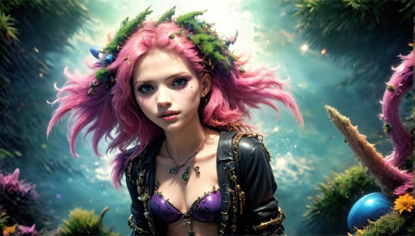 HQ,1girl,solo,long hair,breasts,looking at viewer,blue eyes,hair ornament,cleavage,jewelry,medium breasts,closed mouth,underwear,collarbone,jacket,tail,upper body,pink hair,flower,bikini,earrings,small breasts,outdoors,open clothes,artist name,signature,necklace,bra,mole,blurry,open jacket,lips,black jacket,eyelashes,makeup,floating hair,leaf,sunlight,plant,wind,gem,nature,bikini top only,pendant,pink lips,realistic,nose,fantasy,leather,swimsuit,facial mark,staff,purple bra