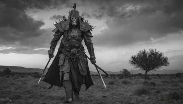 solo,1boy,holding,standing,monochrome,full body,weapon,greyscale,male focus,boots,outdoors,sky,sword,cloud,holding weapon,armor,tree,holding sword,katana,helmet,cloudy sky,shoulder armor,gauntlets,sheath,facing viewer,1other,spikes,walking,dual wielding,pauldrons,breastplate,greaves,full armor,ambiguous gender,samurai,chainmail,looking at viewer,belt,scenery,glowing eyes,vambraces,scabbard,faulds,shoulder spikes