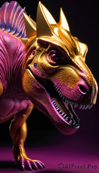 solo,open mouth,simple background,purple eyes,tail,teeth,tongue,tongue out,pokemon (creature),no humans,fangs,sharp teeth,black background,claws,monster,realistic,scales,dinosaur,looking at viewer,standing,full body,pink eyes,gradient,gradient background,fish,pink skin,fins