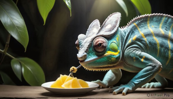 HQ,solo,food,teeth,blurry,from side,pokemon (creature),no humans,fruit,leaf,eating,table,sharp teeth,claws,plate,realistic,fork,animal focus,lemon,dinosaur,lizard,blue eyes,bowl,monster,spoon,scales