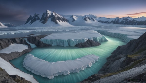 A landscape set against the backdrop of a serene snowy outdoors