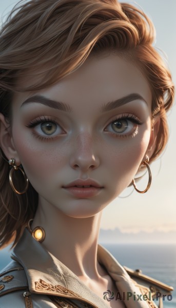 1girl,solo,looking at viewer,short hair,brown hair,brown eyes,jewelry,jacket,earrings,outdoors,parted lips,day,blurry,lips,eyelashes,blurry background,ocean,thick eyebrows,portrait,close-up,backlighting,freckles,hoop earrings,realistic,nose,denim jacket,bangs,sky,artist name,signature,makeup