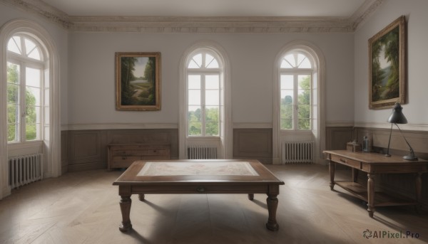 day,indoors,tree,book,no humans,window,shadow,chair,table,sunlight,plant,scenery,desk,wooden floor,lamp,shade,painting (object),carpet,wooden chair,light,picture frame,portrait (object)