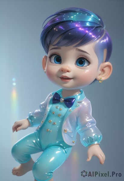 solo,smile,short hair,blue eyes,1boy,bow,jewelry,blue hair,full body,male focus,multicolored hair,earrings,barefoot,bowtie,chibi,blue background,child,freckles,male child,open mouth,jacket,purple hair,teeth,artist name,see-through,sparkle