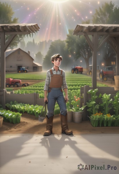 1girl,solo,smile,short hair,brown hair,shirt,black hair,1boy,holding,brown eyes,standing,flower,male focus,boots,outdoors,sky,collared shirt,black eyes,tree,plaid,shadow,brown footwear,sunlight,plant,ground vehicle,building,scenery,motor vehicle,sleeves rolled up,sun,car,potted plant,light,bucket,overalls,plaid shirt,flower pot,truck,looking at viewer,long sleeves,closed mouth,full body,white shirt,day,pants,grass,denim,star (sky),grey shirt,light rays,yellow flower,blue pants,road,house