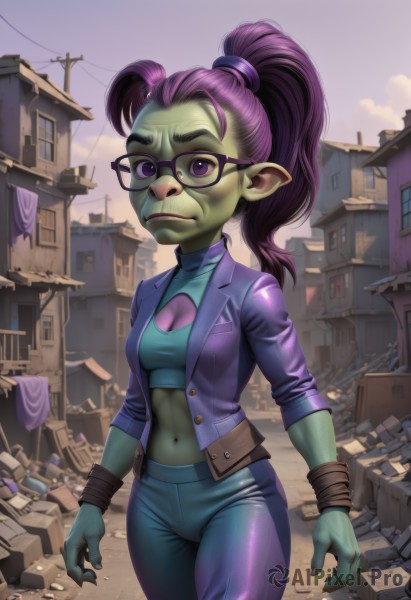 1girl,solo,long hair,breasts,looking at viewer,navel,cleavage,twintails,medium breasts,closed mouth,purple eyes,jacket,ponytail,purple hair,small breasts,outdoors,open clothes,sky,glasses,pointy ears,midriff,pants,nail polish,open jacket,crop top,fingernails,clothing cutout,colored skin,turtleneck,cleavage cutout,high ponytail,denim,building,black nails,cropped jacket,black-framed eyewear,toned,jeans,nose,purple jacket,green skin,leather,hair pulled back,alien,purple pants,fewer digits,goblin,black hair,day,lips,thick eyebrows,wristband,city,round eyewear,tight,ruins,dirty,destruction,rubble