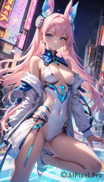 1girl,solo,long hair,breasts,looking at viewer,blush,smile,bangs,blue eyes,long sleeves,animal ears,cleavage,bare shoulders,jewelry,medium breasts,very long hair,closed mouth,standing,jacket,pink hair,thighs,earrings,outdoors,parted lips,open clothes,sky,shoes,off shoulder,nail polish,rabbit ears,high heels,leotard,open jacket,legs,bare legs,covered navel,night,cameltoe,headgear,highleg,leg up,white footwear,white jacket,standing on one leg,building,skin tight,highleg leotard,white leotard,large breasts,hair ornament,detached collar,fake animal ears,playboy bunny,extra ears,neon lights