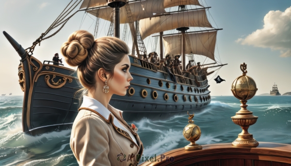 1girl,solo,short hair,brown hair,brown eyes,jewelry,upper body,earrings,outdoors,multiple boys,sky,day,cloud,water,hair bun,from side,lips,military,profile,buttons,ocean,single hair bun,cloudy sky,horizon,watercraft,ship,waves,boat,airship,mast,realistic