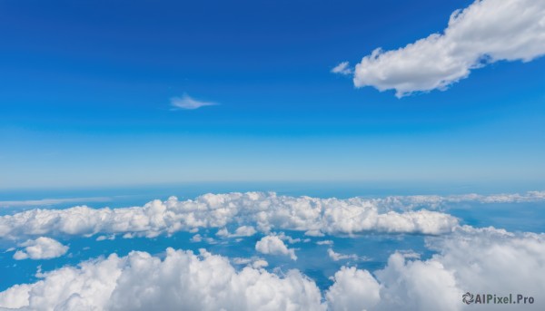 monochrome,outdoors,sky,day,cloud,water,blue sky,no humans,ocean,cloudy sky,scenery,blue theme,horizon,landscape,above clouds,reflection