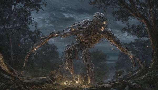 solo,standing,yellow eyes,outdoors,sky,cloud,tree,no humans,night,glowing,cloudy sky,fire,nature,night sky,scenery,glowing eyes,forest,monster,dark,skeleton,extra arms,bone,weapon,teeth,claws,alien