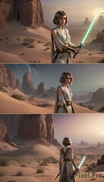 1girl,short hair,brown hair,holding,brown eyes,weapon,comic,outdoors,detached sleeves,sky,sword,holding weapon,sash,holding sword,star (sky),science fiction,shield,rock,mountain,silent comic,animification,ruins,energy sword,shooting star,desert,lightsaber,breasts,gloves,dress,cleavage,medium breasts,belt,signature,cape,mask,realistic,3koma,superhero,tunic,laser