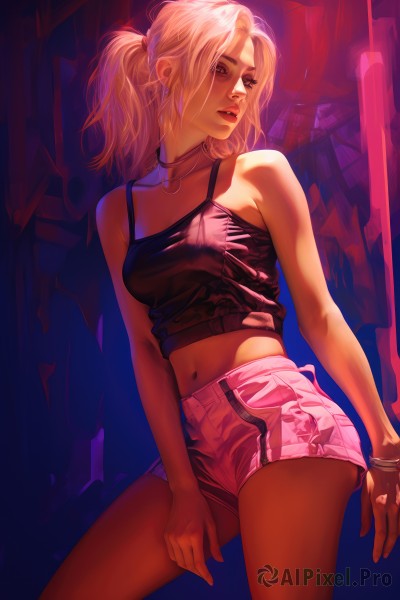 1girl,solo,long hair,breasts,blonde hair,red eyes,navel,bare shoulders,brown eyes,jewelry,medium breasts,standing,ponytail,pink hair,cowboy shot,earrings,parted lips,shorts,choker,midriff,bracelet,lips,crop top,short shorts,makeup,tank top,contrapposto,pink shorts,looking at viewer,bangs,medium hair,necklace,stomach,looking to the side,bare arms,realistic,nose,red lips,bangle