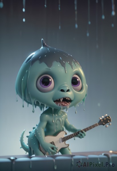 solo,open mouth,1boy,holding,standing,purple eyes,tail,male focus,nude,teeth,wet,no humans,colored skin,sharp teeth,instrument,furry,blue skin,music,guitar,furry male,dripping,playing instrument,holding instrument,electric guitar,slime (substance),plectrum,looking at viewer,saliva,creature,green skin