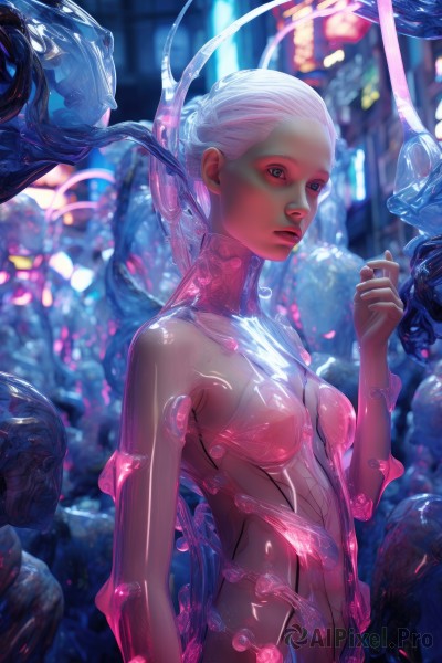 1girl,solo,long hair,breasts,looking at viewer,blue eyes,navel,medium breasts,upper body,white hair,parted lips,solo focus,hand up,blurry,lips,see-through,blurry background,science fiction,realistic,cyberpunk,short hair,small breasts,alien