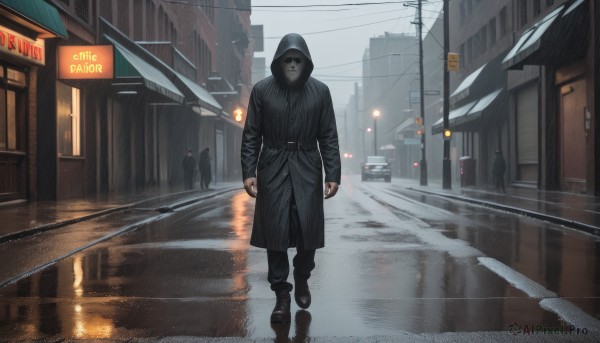 solo,looking at viewer,black hair,long sleeves,1boy,closed mouth,standing,jacket,male focus,boots,outdoors,shoes,solo focus,pants,hood,black footwear,black eyes,coat,black jacket,ground vehicle,building,scenery,motor vehicle,hood up,reflection,walking,rain,black coat,city,sign,car,road,power lines,lamppost,street,utility pole,puddle,traffic light,crosswalk,sky,clenched hands,multiple others,raincoat,people