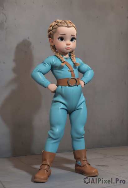 1girl,solo,long hair,looking at viewer,blue eyes,blonde hair,brown hair,twintails,closed mouth,standing,full body,braid,boots,belt,black eyes,twin braids,flat chest,lips,loli,bodysuit,cameltoe,shadow,brown footwear,child,hands on hips,female child,brown belt,breasts,long sleeves,small breasts,artist name,watermark,aged down,skin tight,nose,blue bodysuit