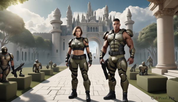 1girl,short hair,brown hair,gloves,1boy,navel,standing,weapon,boots,outdoors,multiple boys,sky,day,midriff,belt,pants,cloud,dark skin,fingerless gloves,holding weapon,armor,uniform,tree,gun,military,military uniform,muscular,shadow,helmet,shoulder armor,rifle,6+boys,breastplate,realistic,assault rifle,statue,soldier,box,handgun,submachine gun