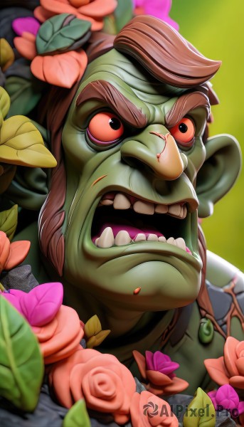 solo,open mouth,brown hair,red eyes,1boy,flower,male focus,teeth,pointy ears,armor,blurry,rose,colored skin,leaf,thick eyebrows,red flower,portrait,pink flower,colored sclera,green background,green skin,pink rose,orc,looking at viewer,blood,parody,nose,yellow sclera