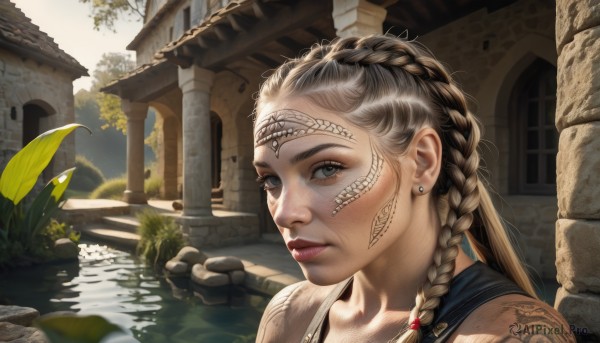 1girl,solo,long hair,looking at viewer,blue eyes,brown hair,hair ornament,jewelry,closed mouth,braid,earrings,outdoors,day,water,blurry,tree,lips,grey eyes,tattoo,leaf,facial mark,piercing,sunlight,plant,building,portrait,freckles,realistic,nose,stud earrings,ruins,facial tattoo,statue,blonde hair,collarbone,grey hair,makeup,ear piercing,scenery,facepaint,architecture,river