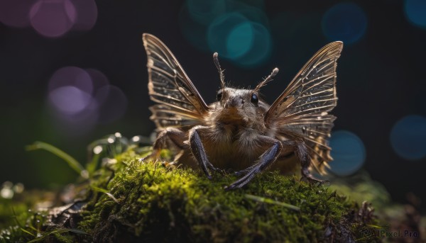 outdoors,wings,blurry,no humans,depth of field,blurry background,animal,grass,bug,plant,lens flare,realistic,antennae,animal focus,bokeh,insect wings,scenery