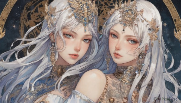 long hair,looking at viewer,bangs,multiple girls,hair ornament,dress,2girls,bare shoulders,jewelry,closed mouth,upper body,white hair,earrings,parted lips,looking back,white dress,lips,parted bangs,grey eyes,eyelashes,siblings,tiara,sisters,gem,portrait,twins,gold,symmetry,head chain,makeup,floating hair,piercing,ear piercing,red lips