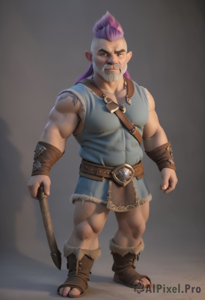 solo,long hair,looking at viewer,1boy,holding,brown eyes,closed mouth,standing,full body,weapon,purple hair,male focus,multicolored hair,boots,sleeveless,pointy ears,belt,artist name,holding weapon,fur trim,tattoo,muscular,facial hair,brown footwear,sandals,thick eyebrows,knife,muscular male,beard,realistic,mustache,bracer,dagger,fat,toeless footwear,smile,short hair,shirt,ponytail,pink hair,thighs,black eyes,scar,thick thighs,pectorals,bara,mature male,leather,undercut,chest hair,biceps,mohawk,thick arms,leather belt,leather boots