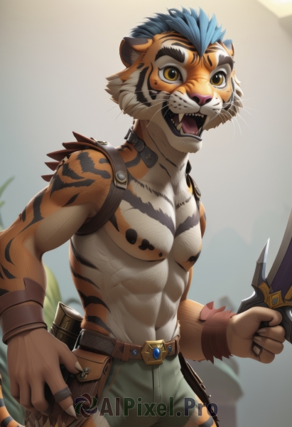 solo,looking at viewer,short hair,open mouth,1boy,navel,holding,animal ears,jewelry,nipples,blue hair,tail,yellow eyes,weapon,male focus,cowboy shot,teeth,tongue,belt,pants,sword,artist name,stomach,holding weapon,blurry,orange eyes,muscular,blurry background,fangs,holding sword,abs,thick eyebrows,knife,pectorals,muscular male,bara,furry,topless male,holding knife,brown belt,dagger,furry male,tiger ears,body fur,tiger tail,animal nose,whiskers,holding dagger,tiger boy,leather belt,orange fur,multicolored fur,tiger stripes,standing,shorts,clenched hand,pouch,belt pouch,yellow sclera,tiger,fangs out