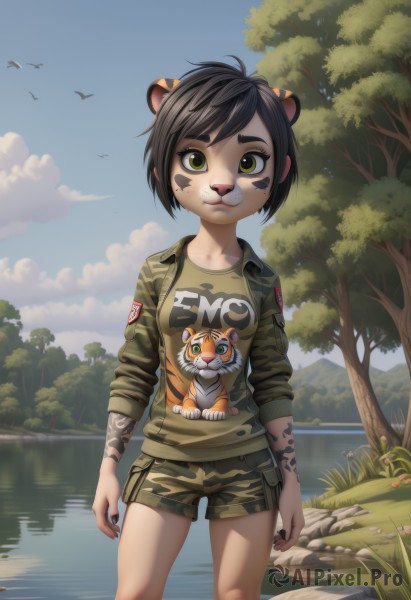 1girl,solo,breasts,looking at viewer,smile,short hair,brown hair,shirt,black hair,animal ears,green eyes,standing,jacket,yellow eyes,outdoors,sky,shorts,day,cloud,water,uniform,tree,military,short shorts,military uniform,tattoo,bird,animal,facial mark,grass,animal print,nature,sleeves rolled up,forest,reflection,tiger ears,print shirt,camouflage,green shorts,river,tiger,pond,small breasts,open clothes,open jacket,furry,facepaint,lake