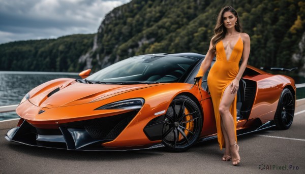 1girl,solo,long hair,breasts,looking at viewer,smile,brown hair,black hair,dress,cleavage,brown eyes,jewelry,medium breasts,outdoors,barefoot,dark skin,blurry,blurry background,ground vehicle,breasts apart,motor vehicle,realistic,car,vehicle focus,orange dress,sports car,dirty feet,earrings,high heels,feet,dark-skinned female,tree,no bra,anklet,dirty,plunging neckline